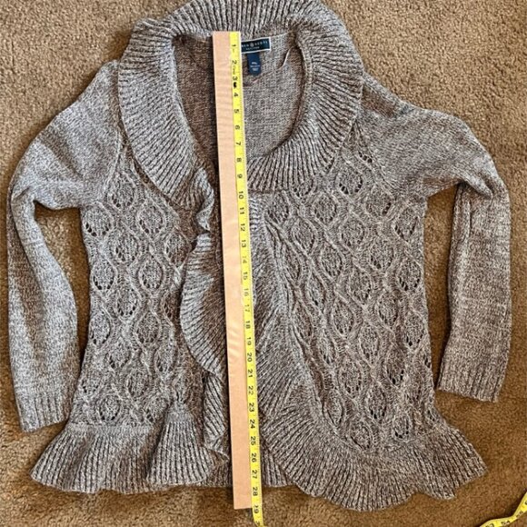 Karen Scott Petite XL Ruffle Cardigan Sweater Beige Marled Knit Cozy Open Front - Picture 11 of 13